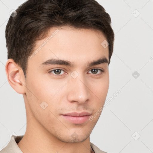 Neutral white young-adult male with short  brown hair and brown eyes