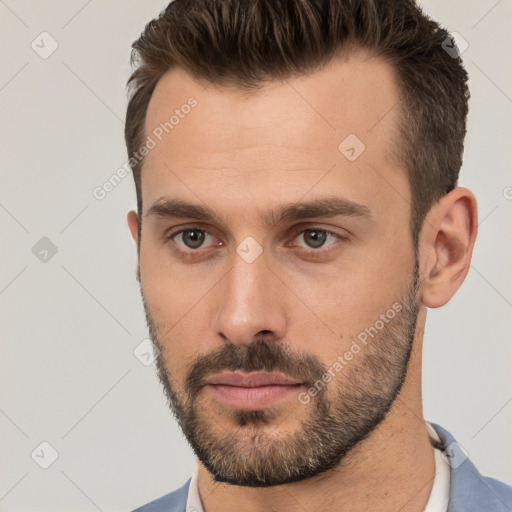 Neutral white young-adult male with short  brown hair and brown eyes