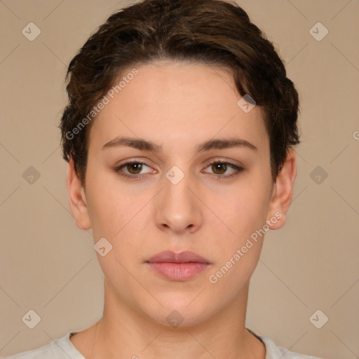 Neutral white young-adult female with short  brown hair and brown eyes