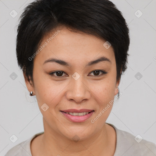 Joyful asian young-adult female with short  brown hair and brown eyes