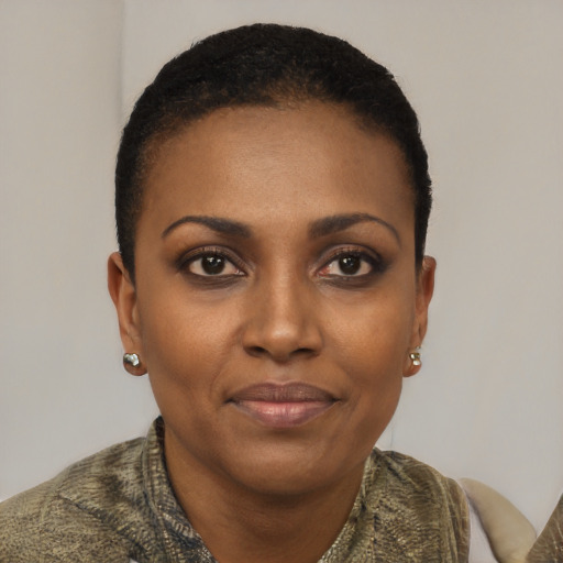 Joyful black young-adult female with short  brown hair and brown eyes