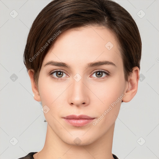 Neutral white young-adult female with short  brown hair and brown eyes