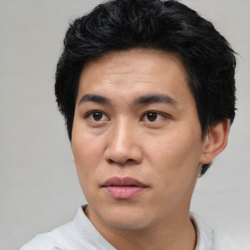 Joyful asian young-adult male with short  black hair and brown eyes