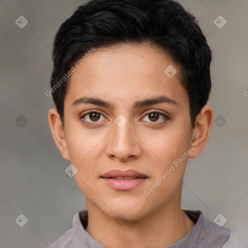 Joyful latino young-adult female with short  brown hair and brown eyes