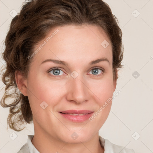 Joyful white young-adult female with medium  brown hair and blue eyes