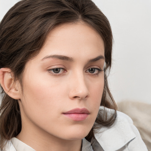 Neutral white young-adult female with medium  brown hair and grey eyes