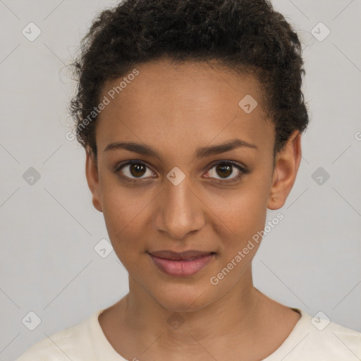 Neutral white young-adult female with short  brown hair and brown eyes