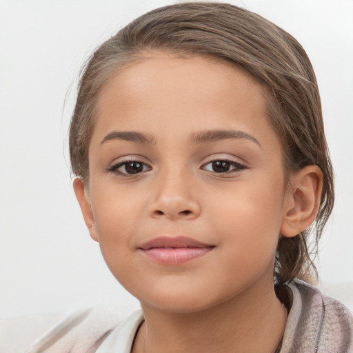 Joyful white child female with medium  brown hair and brown eyes