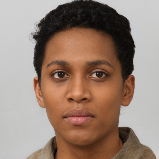 Neutral black young-adult female with short  black hair and brown eyes