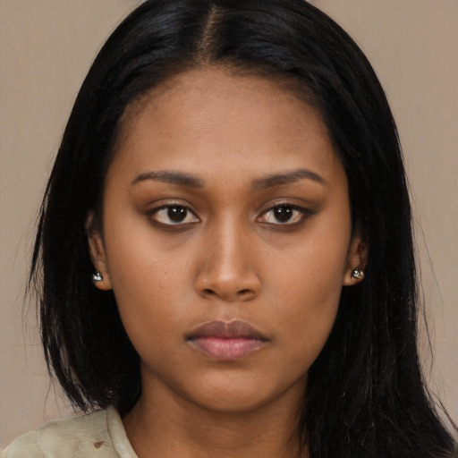 Neutral asian young-adult female with long  black hair and brown eyes