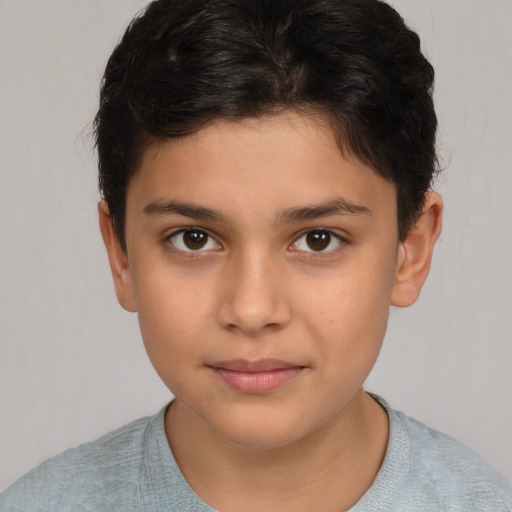 Joyful white child female with short  brown hair and brown eyes