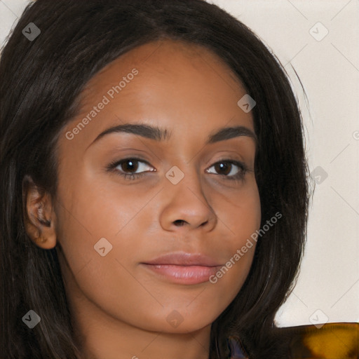 Joyful latino young-adult female with long  brown hair and brown eyes