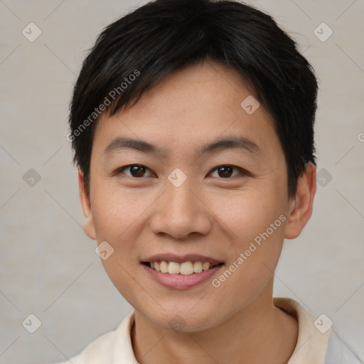 Joyful asian young-adult female with short  brown hair and brown eyes