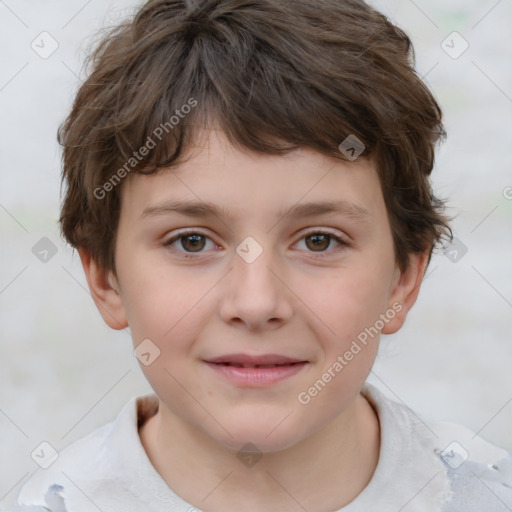 Joyful white child female with short  brown hair and brown eyes