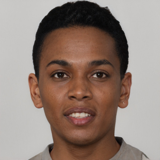 Neutral black young-adult male with short  black hair and brown eyes