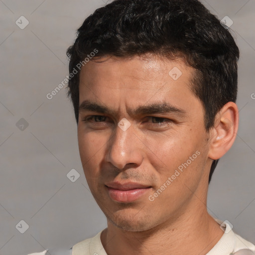 Neutral white young-adult male with short  black hair and brown eyes