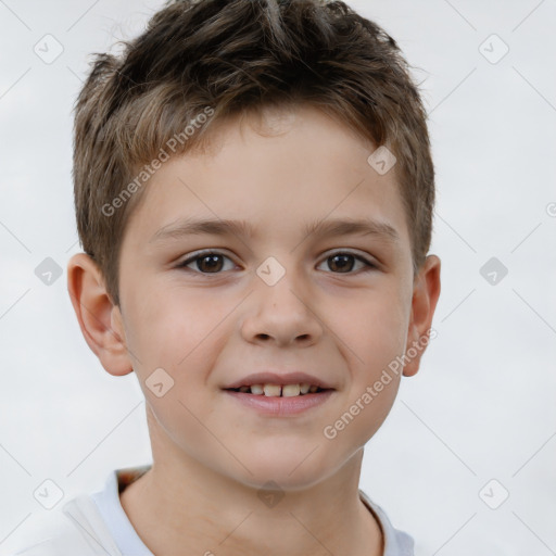 Joyful white child male with short  brown hair and brown eyes