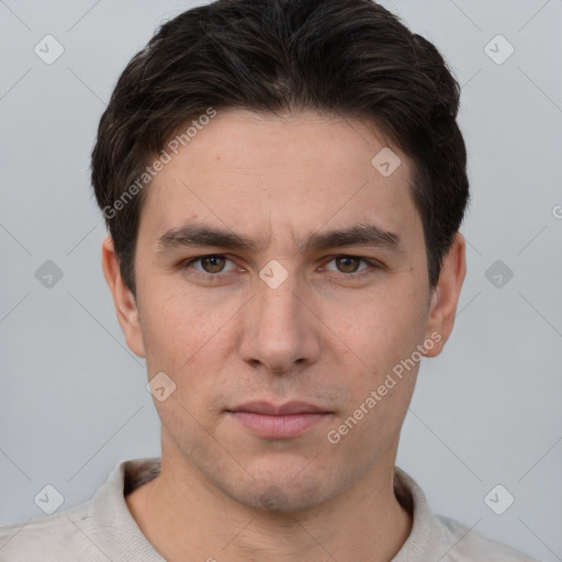 Neutral white young-adult male with short  brown hair and brown eyes