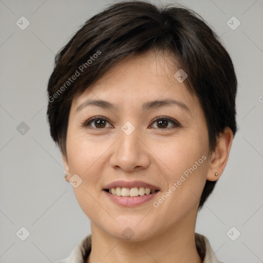 Joyful white young-adult female with short  brown hair and brown eyes