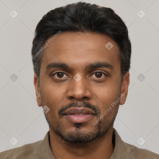 Neutral latino young-adult male with short  black hair and brown eyes