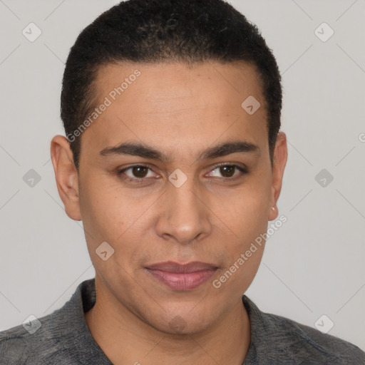Joyful white young-adult male with short  black hair and brown eyes