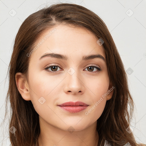 Neutral white young-adult female with long  brown hair and brown eyes