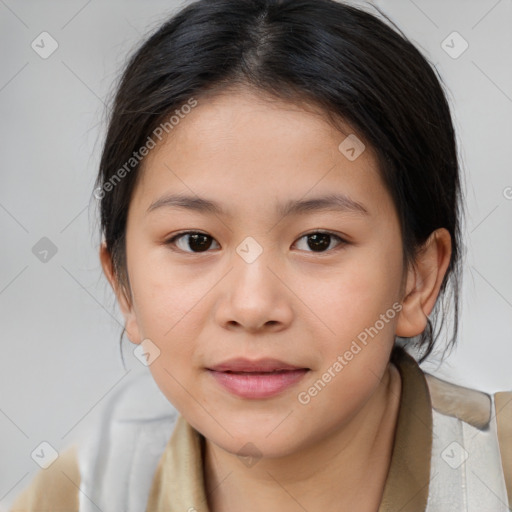 Joyful white child female with medium  brown hair and brown eyes