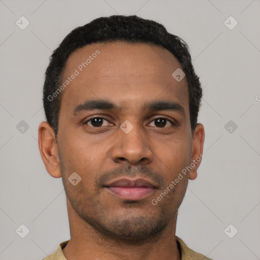 Neutral latino young-adult male with short  black hair and brown eyes