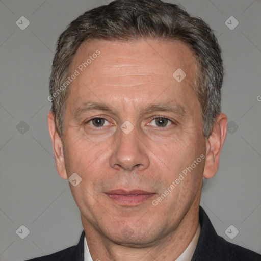 Neutral white middle-aged male with short  brown hair and brown eyes