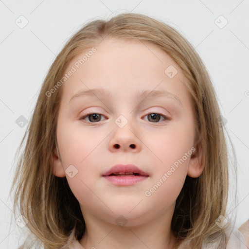 Neutral white child female with medium  brown hair and blue eyes