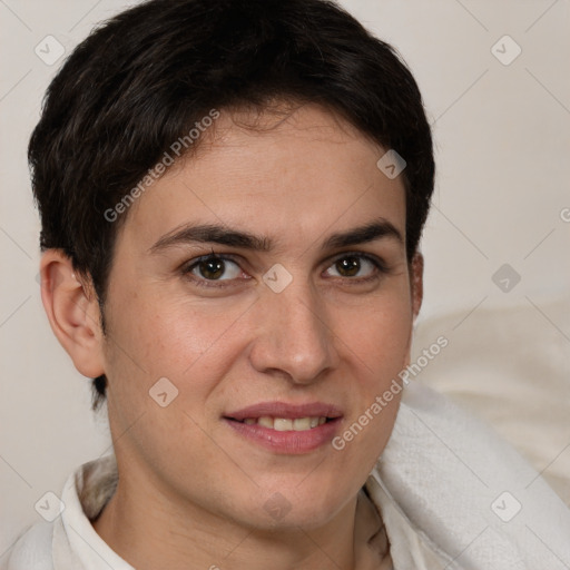 Joyful white young-adult female with short  brown hair and brown eyes