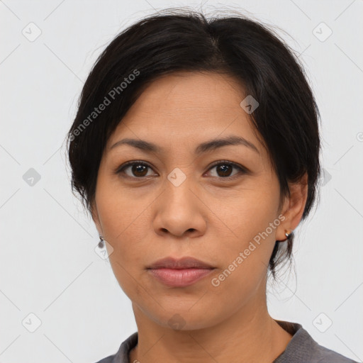 Neutral asian young-adult female with medium  brown hair and brown eyes