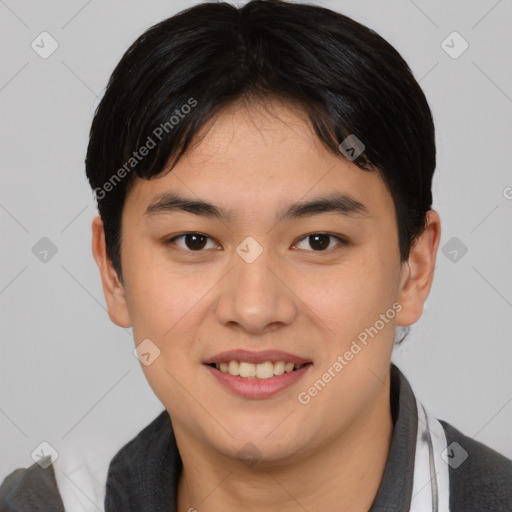 Joyful asian young-adult male with short  brown hair and brown eyes