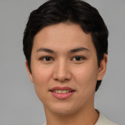 Joyful asian young-adult female with short  brown hair and brown eyes