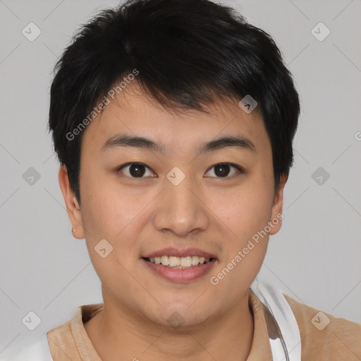 Joyful asian young-adult male with short  brown hair and brown eyes