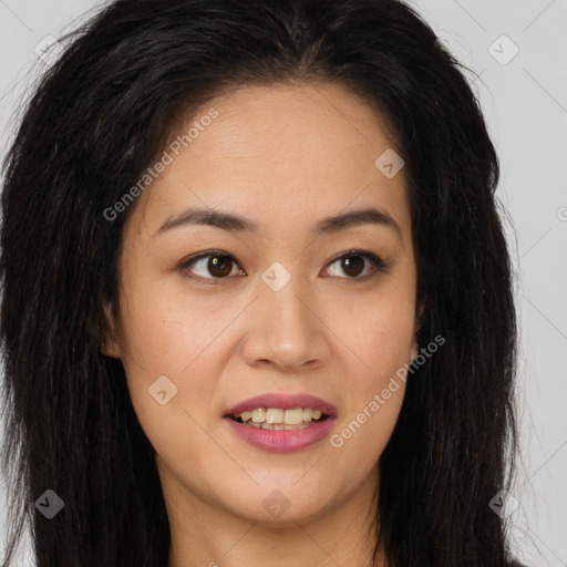 Joyful latino young-adult female with long  brown hair and brown eyes