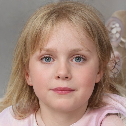 Neutral white child female with medium  brown hair and blue eyes