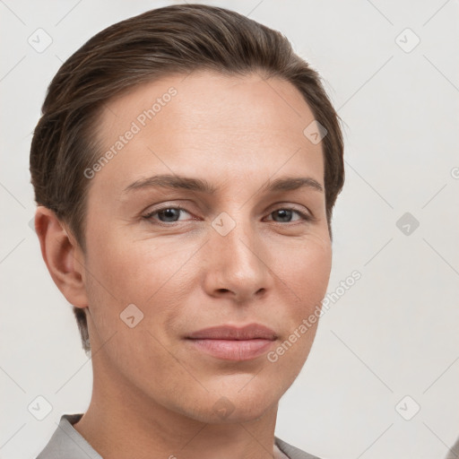 Joyful white young-adult female with short  brown hair and grey eyes