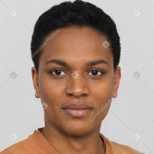 Joyful black young-adult female with short  black hair and brown eyes