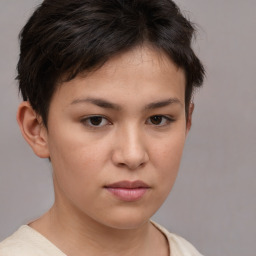 Neutral white young-adult female with short  brown hair and brown eyes