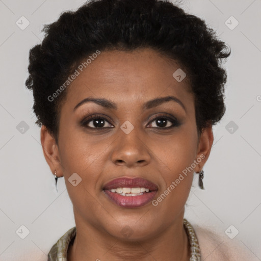 Joyful black young-adult female with short  brown hair and brown eyes