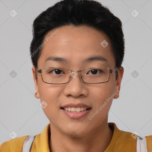 Joyful asian young-adult female with short  black hair and brown eyes