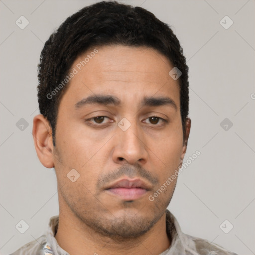 Neutral latino young-adult male with short  black hair and brown eyes