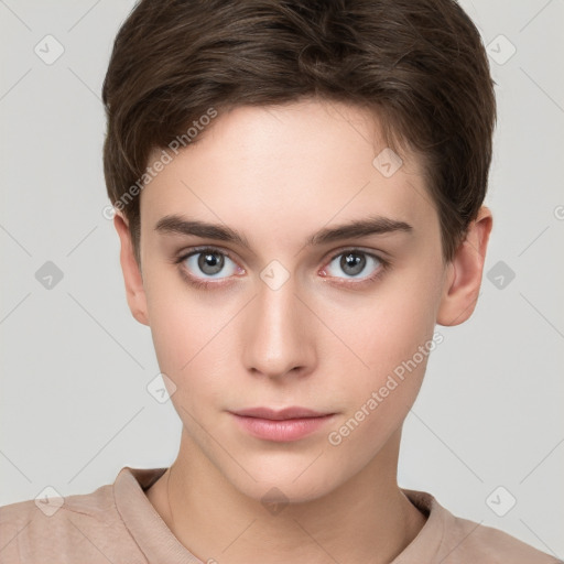 Neutral white young-adult female with short  brown hair and brown eyes