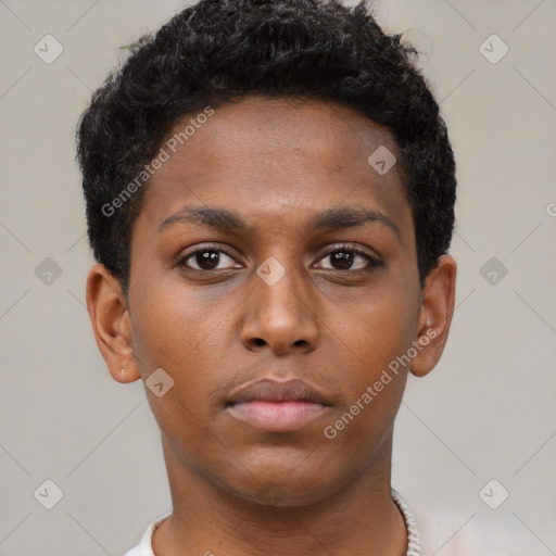 Neutral black young-adult male with short  brown hair and brown eyes