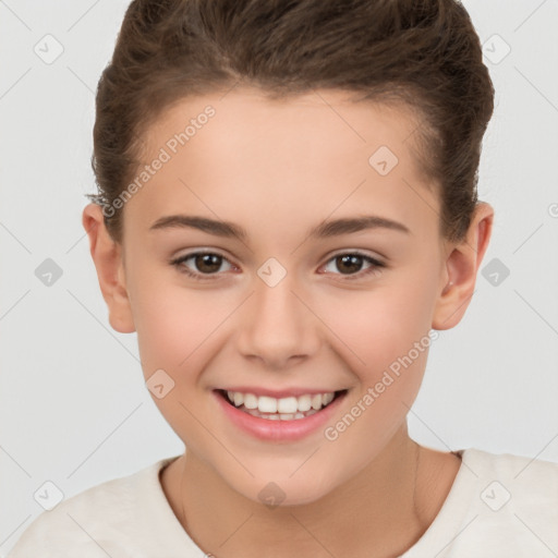 Joyful white child female with short  brown hair and brown eyes