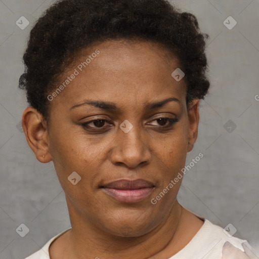 Joyful black adult female with short  brown hair and brown eyes