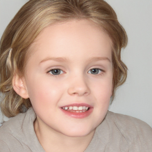 Joyful white child female with medium  brown hair and blue eyes