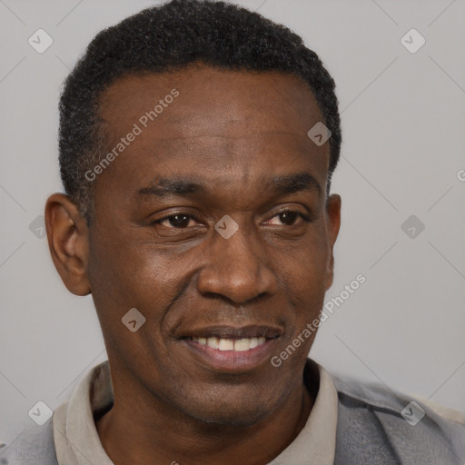 Joyful black adult male with short  black hair and brown eyes