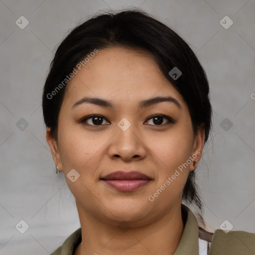 Joyful asian young-adult female with short  brown hair and brown eyes